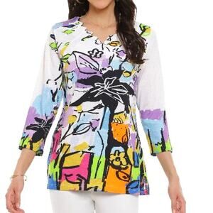 Parsley & Sage Colorful Doodle Sketch Tee Womens Small Lagenlook Boho Artsy Top